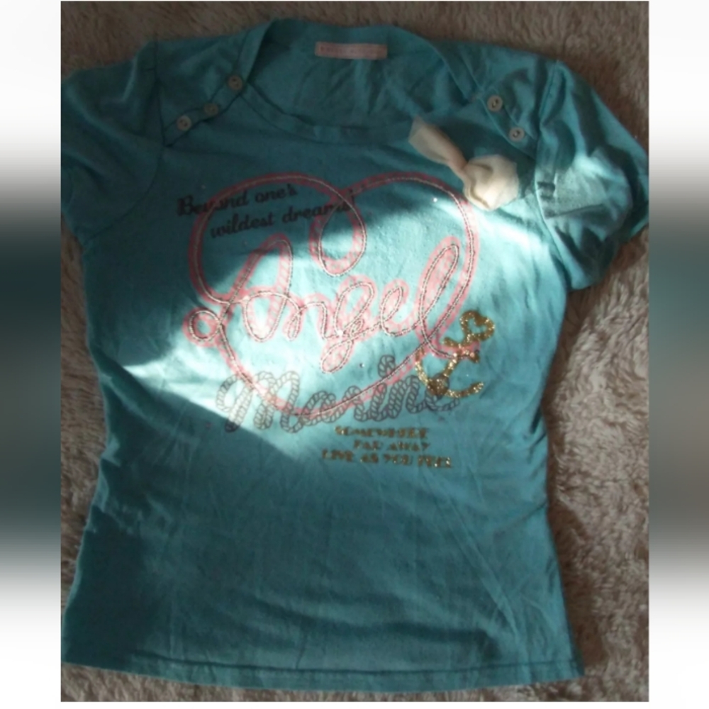 Angel Blue Light Blue T-Shirt, Size Small, Heart, Glitter, Bow